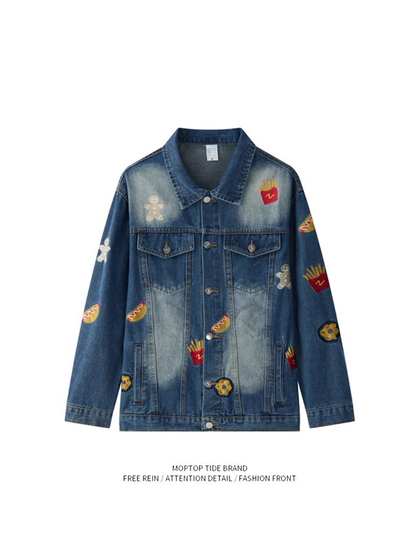 

Mr. WH American Retro Burger French Fries Embroidered Denim Jaet Loose Collar Men's Spring Autumn Outerwear Hong Kong Sle