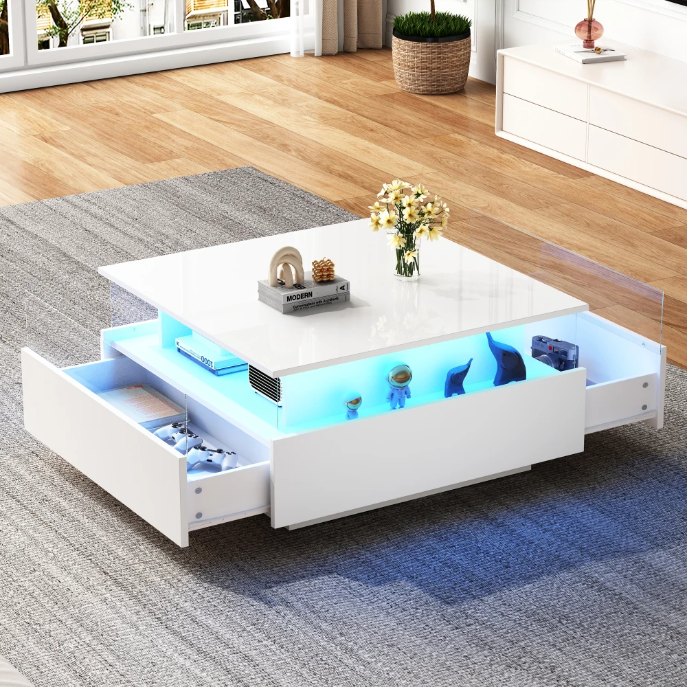 70 x 70 x 41 cm großer moderner Hochglanz-LED-Couchtisch mit 2 Schubladen und transparentem Präsentationsbereich, belastbar bis zu 30 kg – Detail 33
