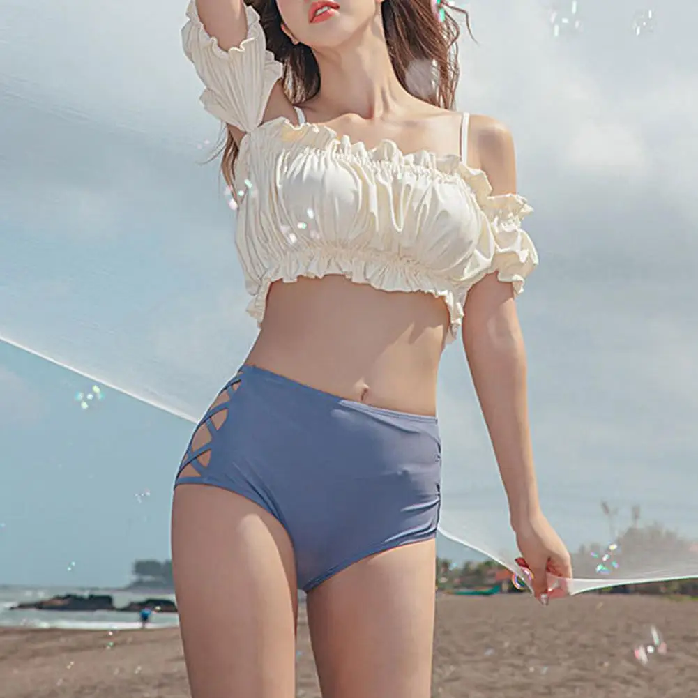 2Pcs/Set Bathing Suit Padded Breathable Pleated Off Shoulder Women Bikini Water Sports Clothing