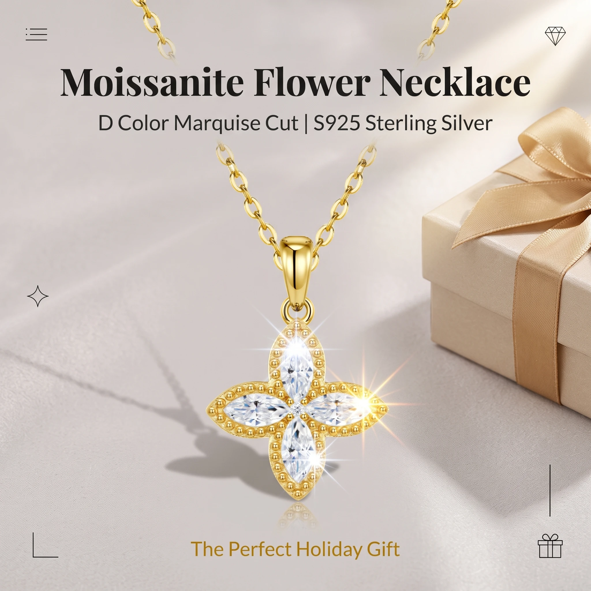 D Color Marquise Moissanite FourLeaf Clover Necklace S925 Sterling Silver 18K Gold Plated Pendant Necklace With GRA Certificate