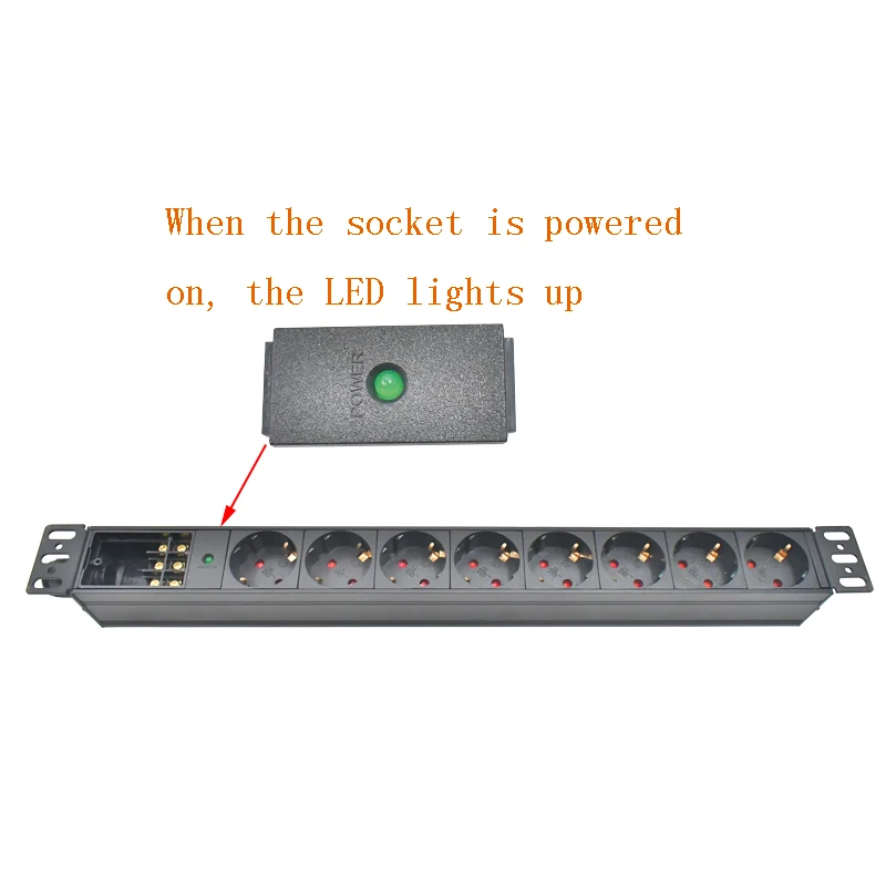 Aluminum alloy shell PDU power board 19 inch rack mounted EU socket 8AC, with junction box/LED power indicator light/2m wire