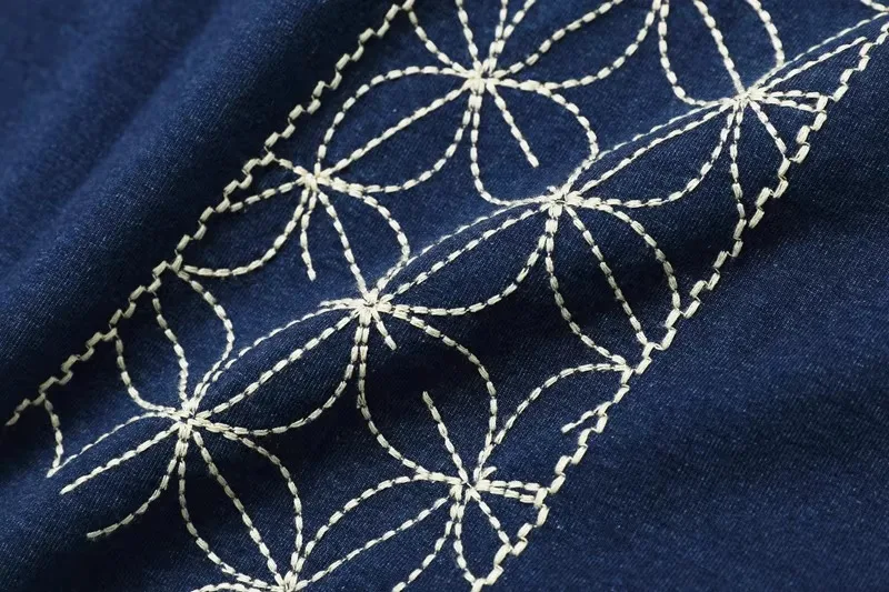 Hiroshi Hirata Japanese Retro Men's Washed Blue Denim Color Lightning Embroidery Long-sleeved