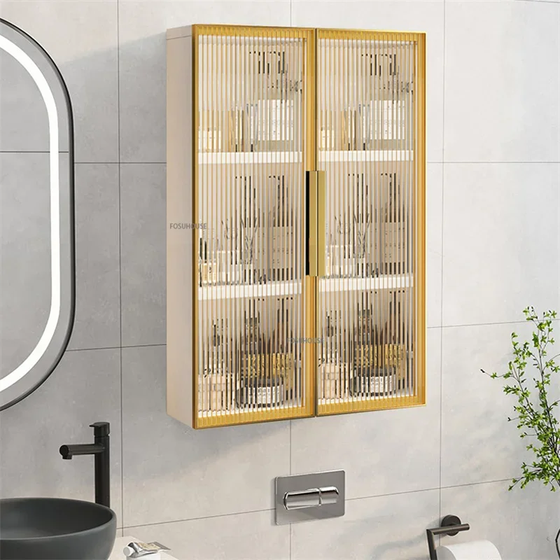 

Bathroom Mirror Cabinet Wall Mounted Kitchen Toilet Storage Cabinet Light Luxury Glass Cosmetics Storage Rack Home Furniture
