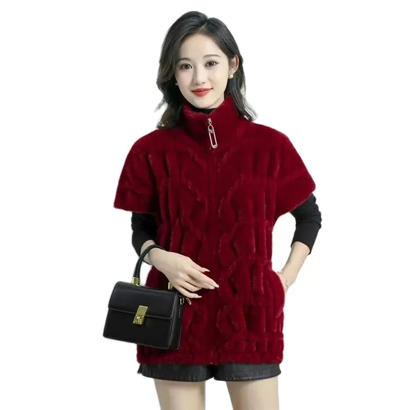 Fashion Imitation Mink Nelvet Vest Female Autumn Winter Coat Women's Knitted Sweaters Half Sleeve Zipper Cardigan Outerwear Tops