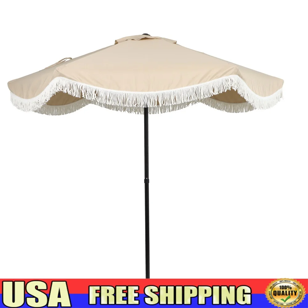 

Beige Scallop Patio Umbrella 7.5ft Round Push Up Market Umbrella Fade Resistant Steel Frame Outdoor Shade 40 Inch Tables