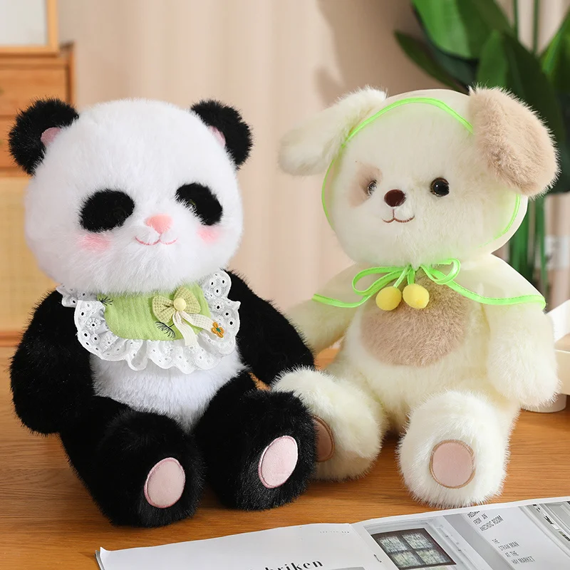 Neue Cartoon Panda Hund Schafe mit Schal Lätzchen Plüschtiere Kissen weiche Stofftier Babys begleiten Puppen für Mädchen Kinder Geschenke Deko