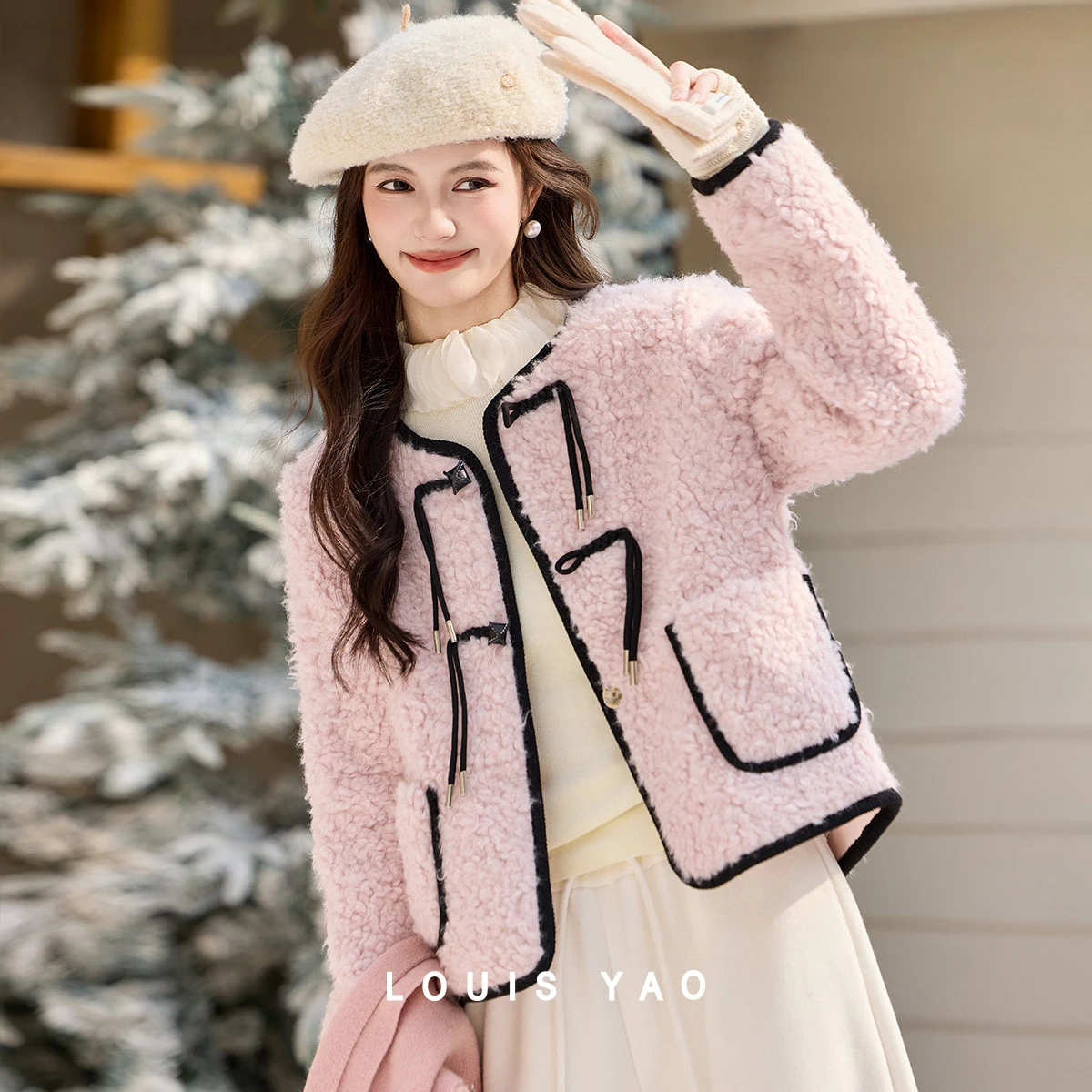 LOUIS YAO Faux Fleece Padded Jacket 2026 Winter Sweet Style Crew Neck Color Block Frog Buttons Design Warm Women's Coats