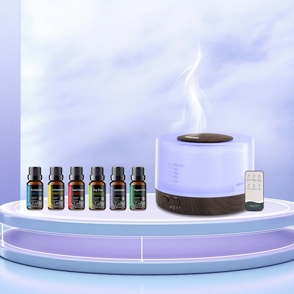 

5-in-1 Ultrasonic Oil Diffuser + 6 Oils – Humidify, Set Timer, 7 LED Colors, Auto Safety