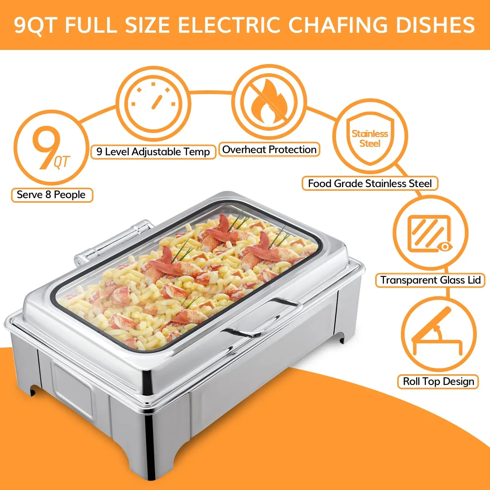 Stainless Steel Commercial for Catering Electric Buffet Food Warmer Set Display Heater, Glass Round Chafing Dish Pour Buffet Set