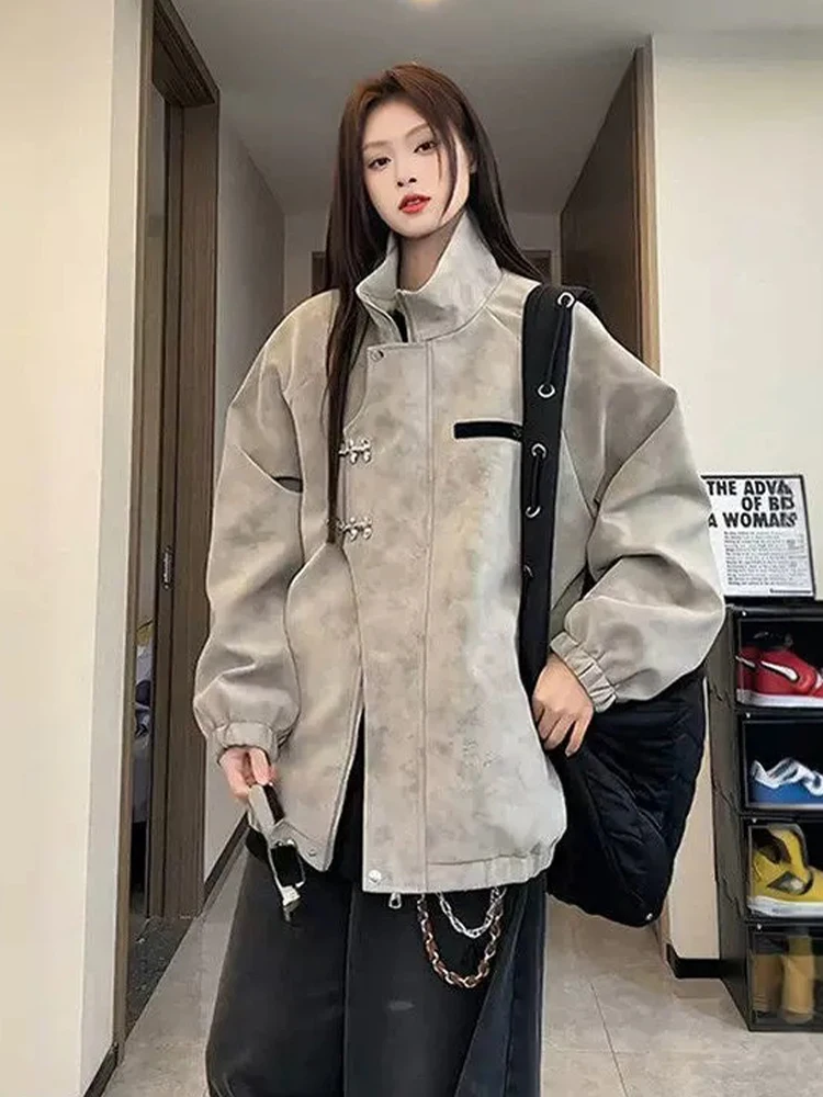 

New Chinese Sle Men's Dyed Leather Jaet ort Stand Collar Workwear Spring Autumn Cleanfit Baseball Sle Outerwear