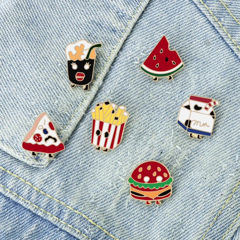 Alfileres esmaltados de la serie de alimentos de dibujos animados, broches bonitos de patatas fritas, hamburguesa, sandía, bolsa creativa, insignias de solapa, regalos de joyería para niños