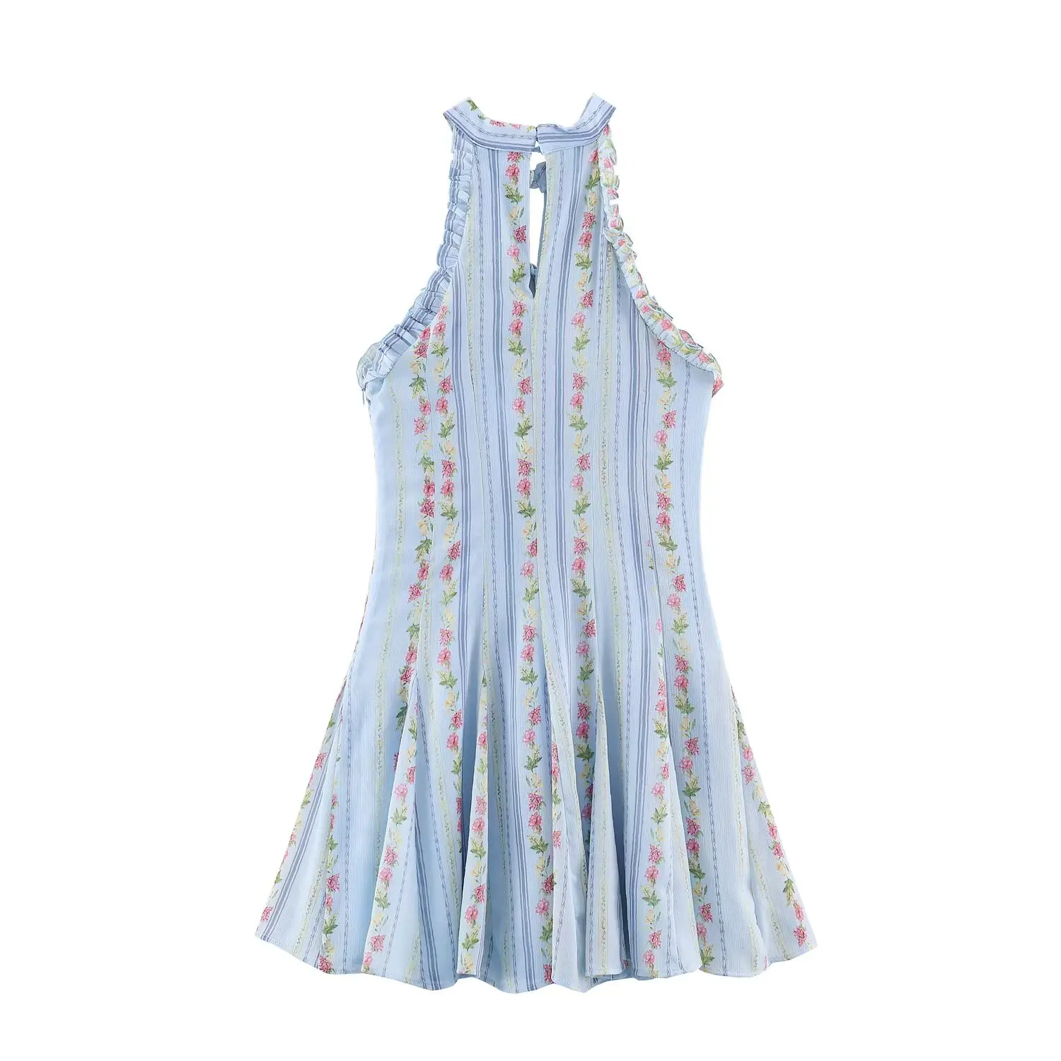 BSAY Vintage Blumenmuster Gestreiftes Neckholder-Kleid für Damen mit Rüschenbesatz, Schlüsselloch-Ausschnitt, ärmellos, ausgestelltes Minikleid, Strand- und Urlaubsoutfit – Detail 3