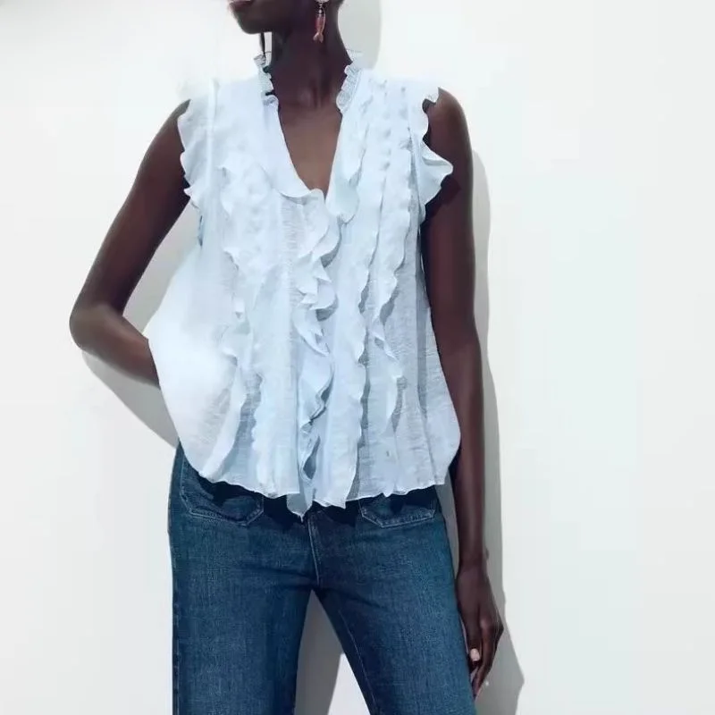 Nowa letnia damska bluzka z dekoltem w serek, zwiewna, wielowarstwowa, ozdobna, koreańska, luźny krój, regularna, cienka.