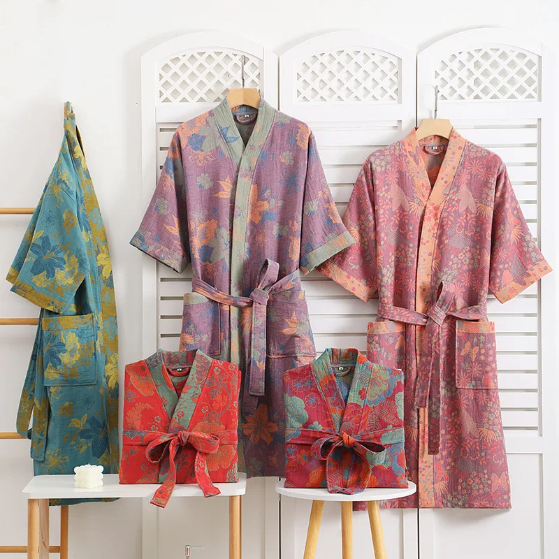 Cotton Double-layer Gauze Bathrobes Spring Thin Pajamas Half Sleeve Kimono Robe Women Yarn-dyed Jacquard Robes Home Loungewear