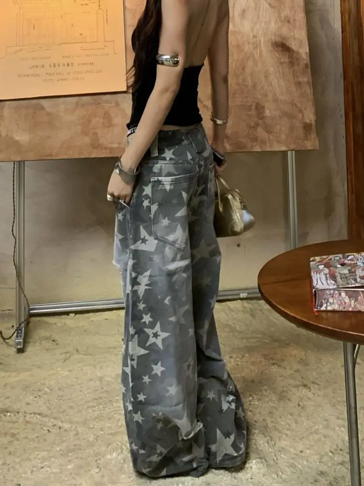 Women Vintage Star Print Ripped Jeans High Waist Classic Baggy Denim Pants Streetwear Y2K American Retro Wide Leg Trousers