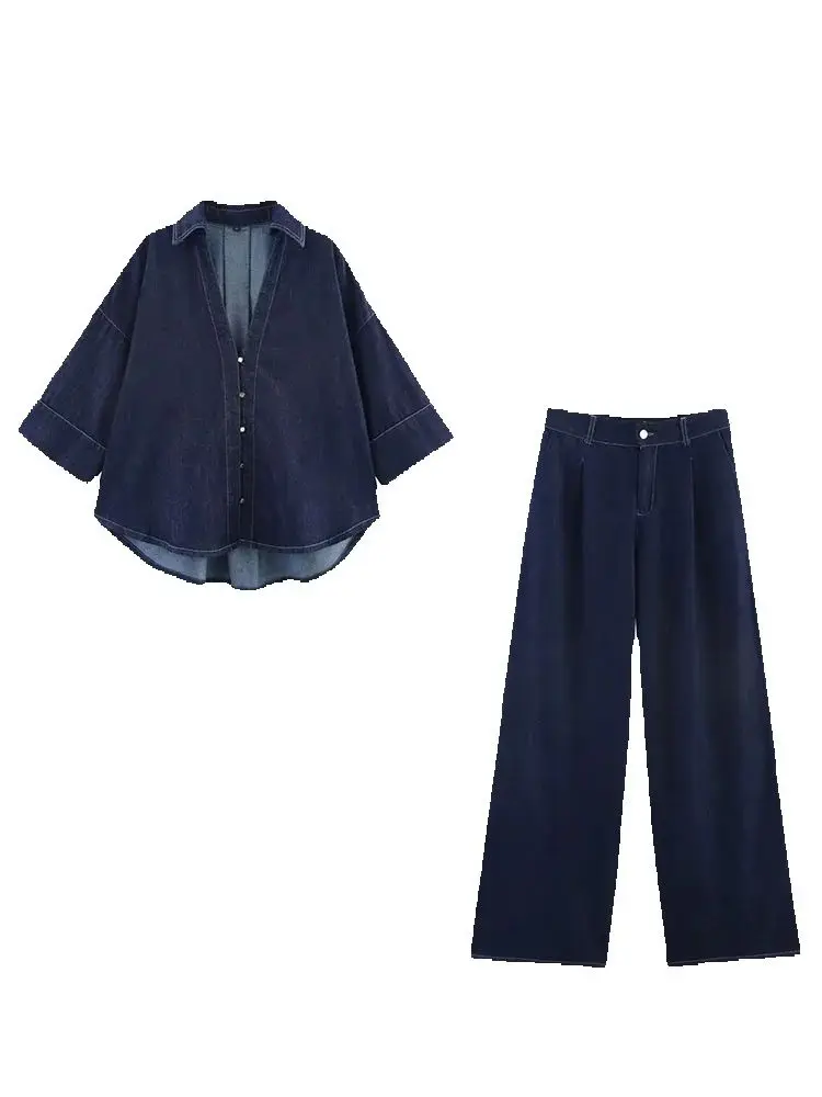 

Повседневный шикарный женский джинсовый костюм с длинным рукавом, свободная блузка, длинные брюки, новый модный универсальный комплект для летних каникул