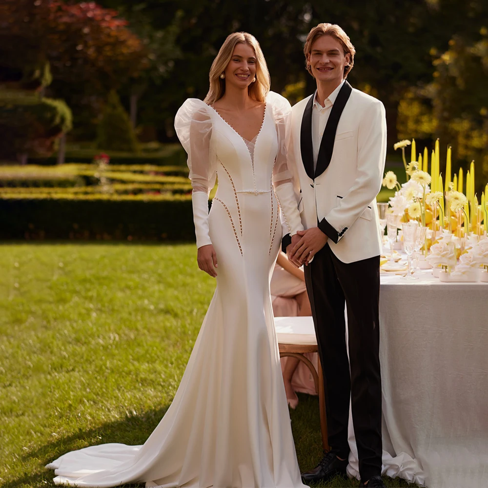 

Fashion V Neck White Mermaid Wedding Dress Long Sleeves Sweep Train Custom Bridal Gowns vestido de novia Wedding Dresses Luxury