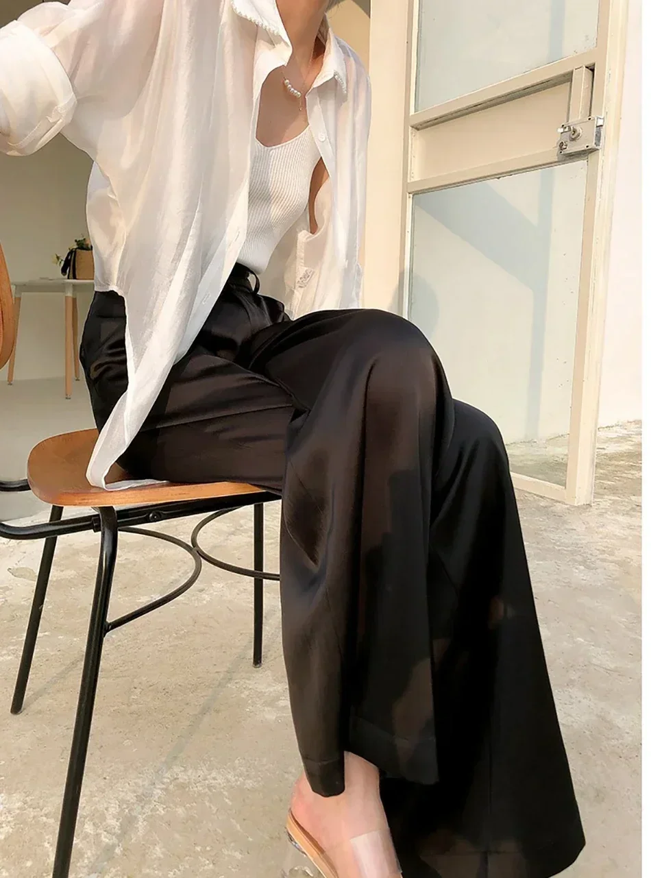 Frühling Sommer Damen High-Waist Weite Hosen Locker Sitzende Klassische Schwarze Seidensatin Freizeithose im Koreanischen Stil Damenbekleidung – Detail 7