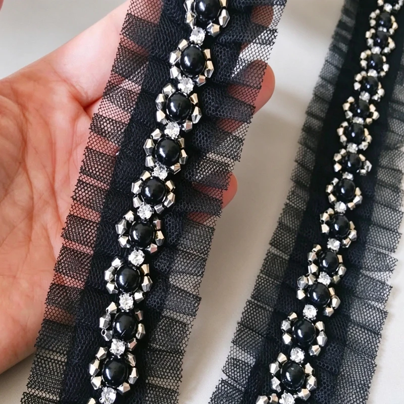 Zwarte 3D applicatie, kralenlinten, geplooide kraag, kantapplicatie, randafwerking voor het naaien van bruidsjurken, franje, doe-het-zelf, 4 cm breed.