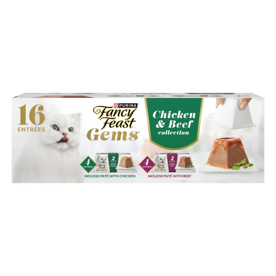 

Gems Pate Mousse Chicken or Beef and a Halo of Savory Gravy Wet Cat Food Variety Pack, 16 Entrees, 2 oz Tubs 8 Pack