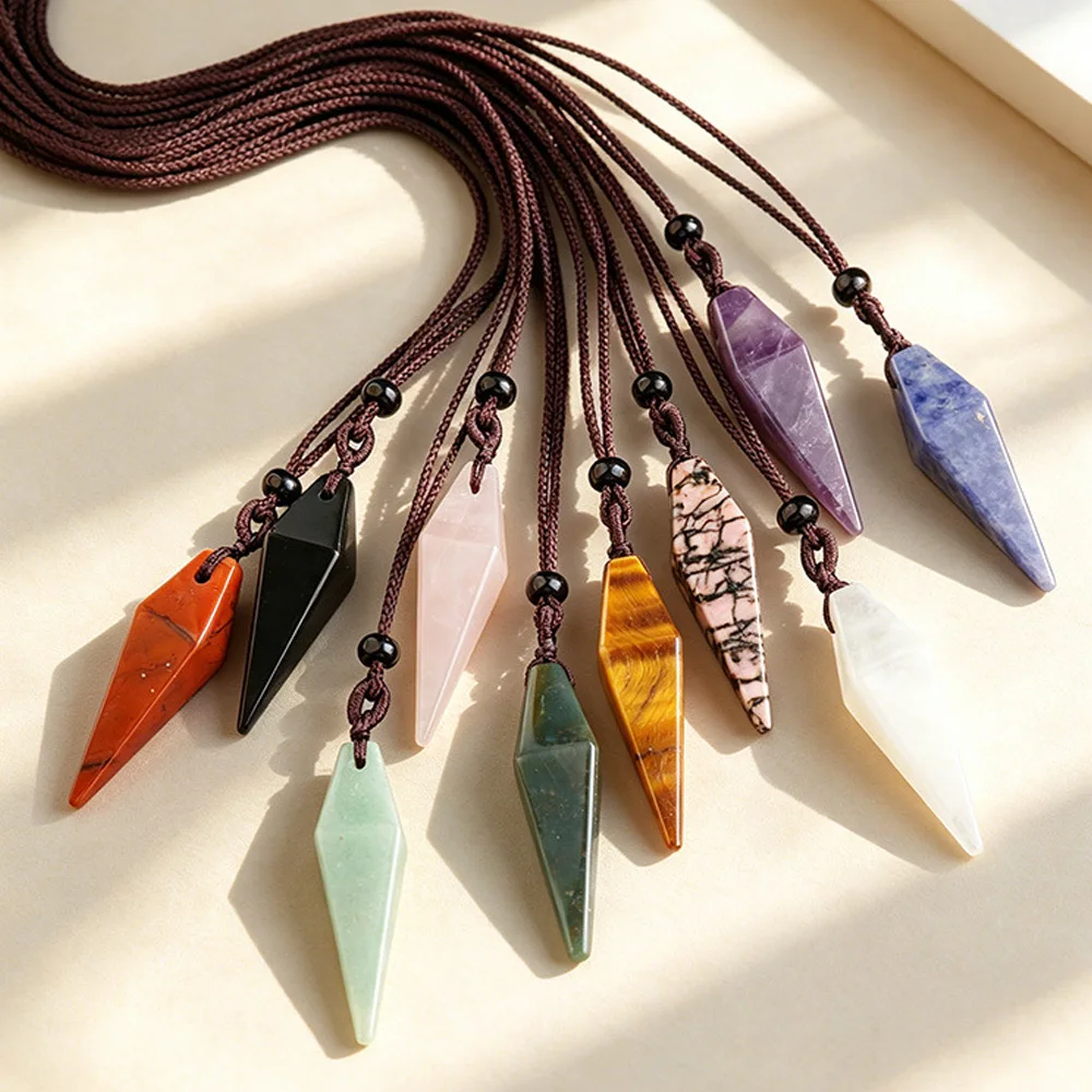 Natural Diamond Shaped Crystal Pointed Pendant Healing Crystals Amethyst Tiger Eye Stone Adjustable Necklace Meditation Jewelry