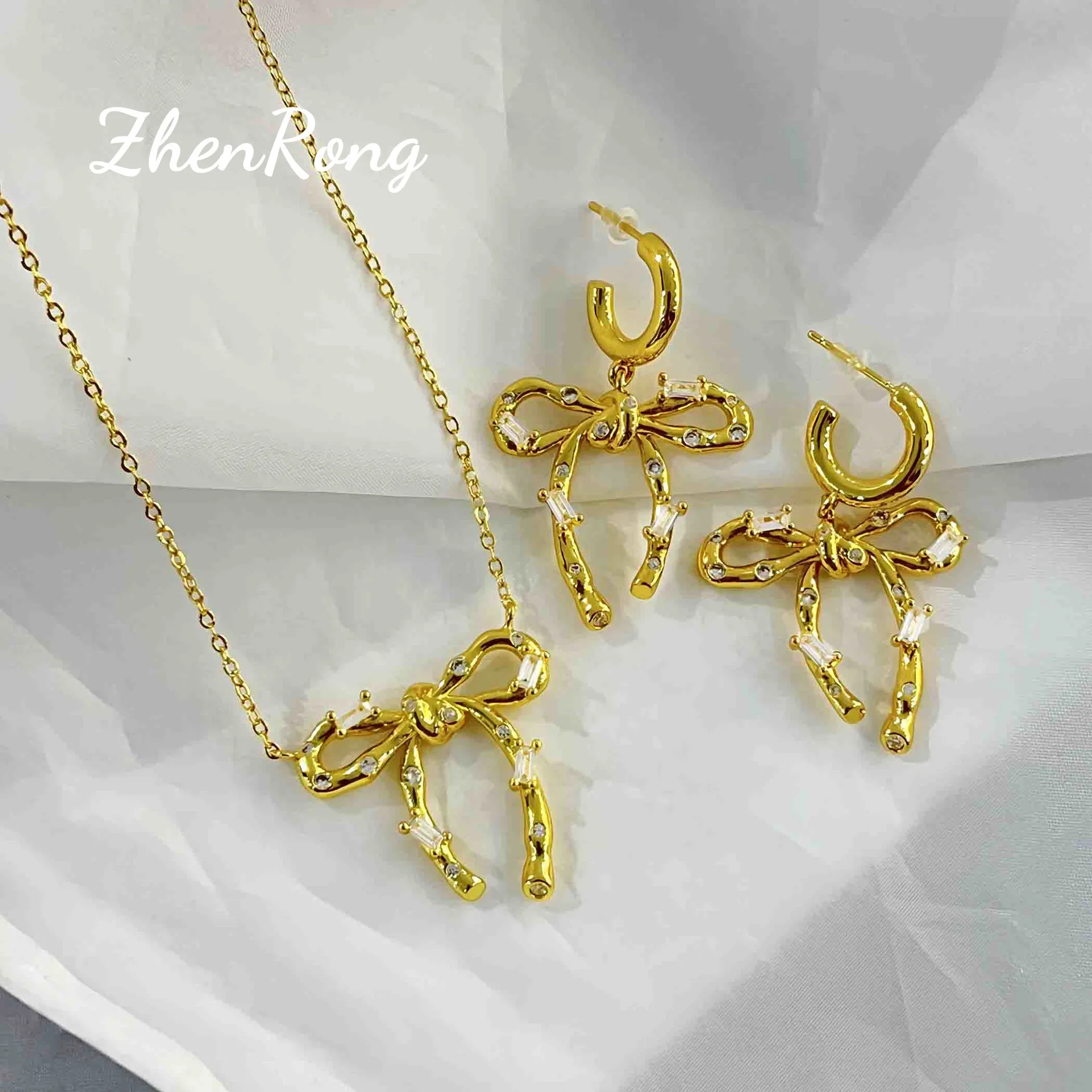 Foydjew French Style Retro Jewelry Golden Pendant Necklaces Clavicle Chain Simple Fashion Personalized Bow Earrings For Women