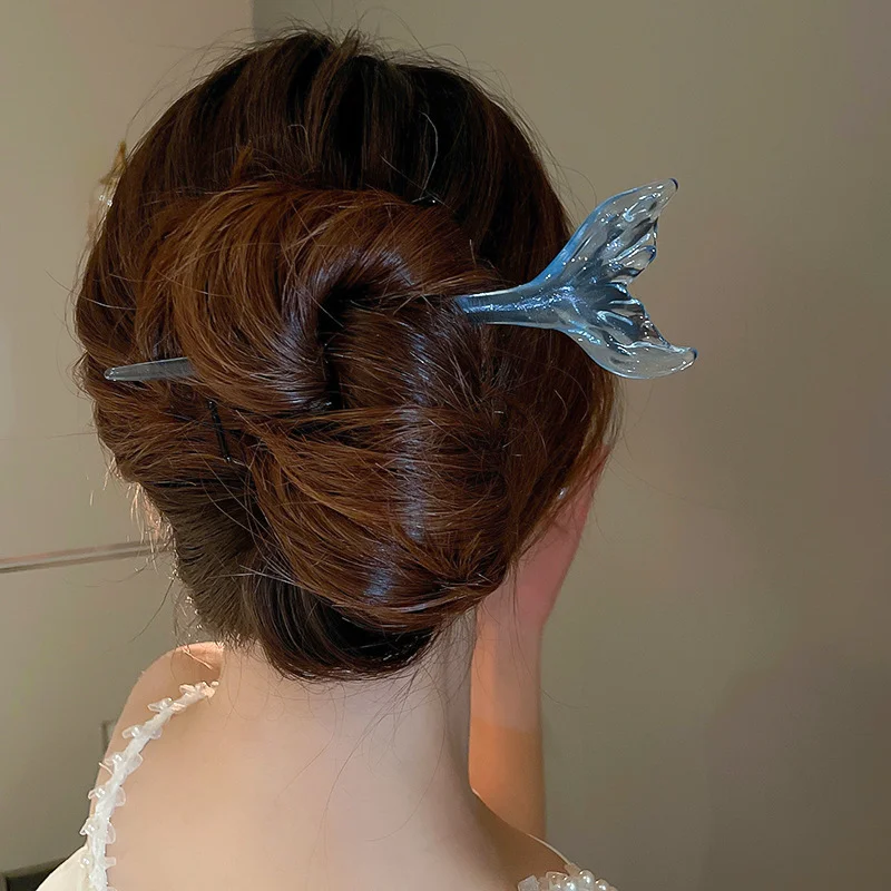 

Chinese Style Clear Blue Fishtail Hairpin, Elegant Vintage Hair Stick for Coiled Hair, Ancient Style Hair Accessories for Women