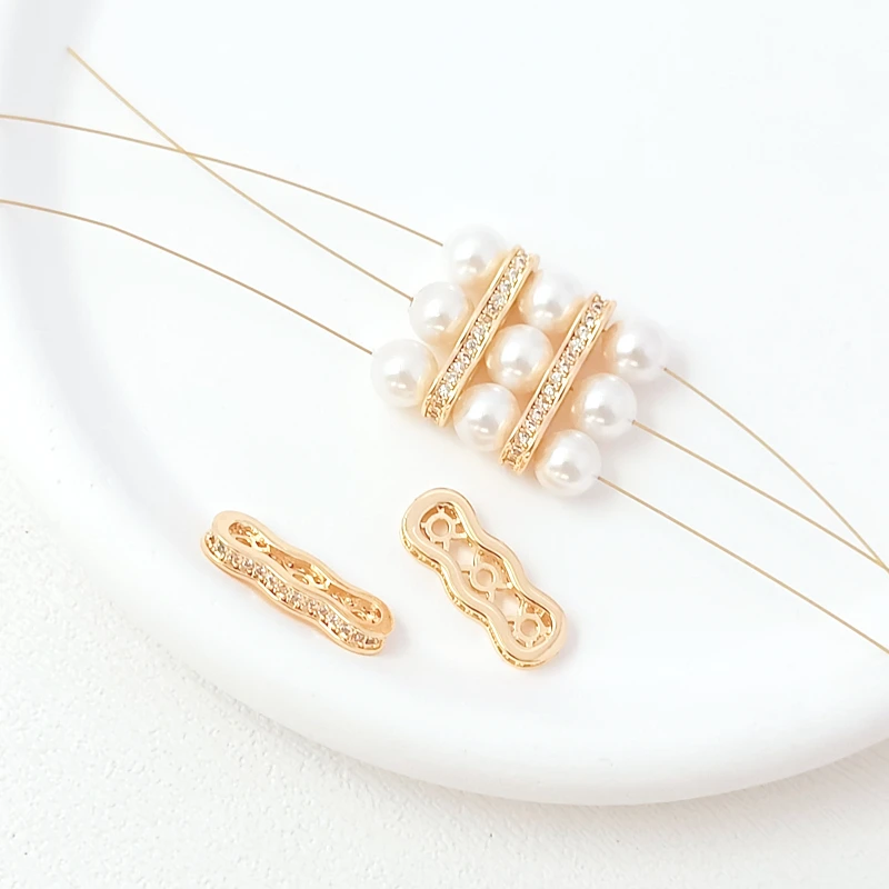 2 PCS Brass Coated Gold Zircon Inlaid Peanut Shaped Spacer DIY Jewelry Making Necklace, Bracelet, Clothing Accessory Materials