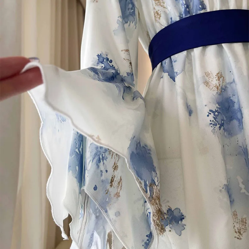 Dames lente zomer bloemenprint Boho lange jurk vlindermouwen hoge taille gala zonnejurk sexy V-hals vakantie maxi-jurken