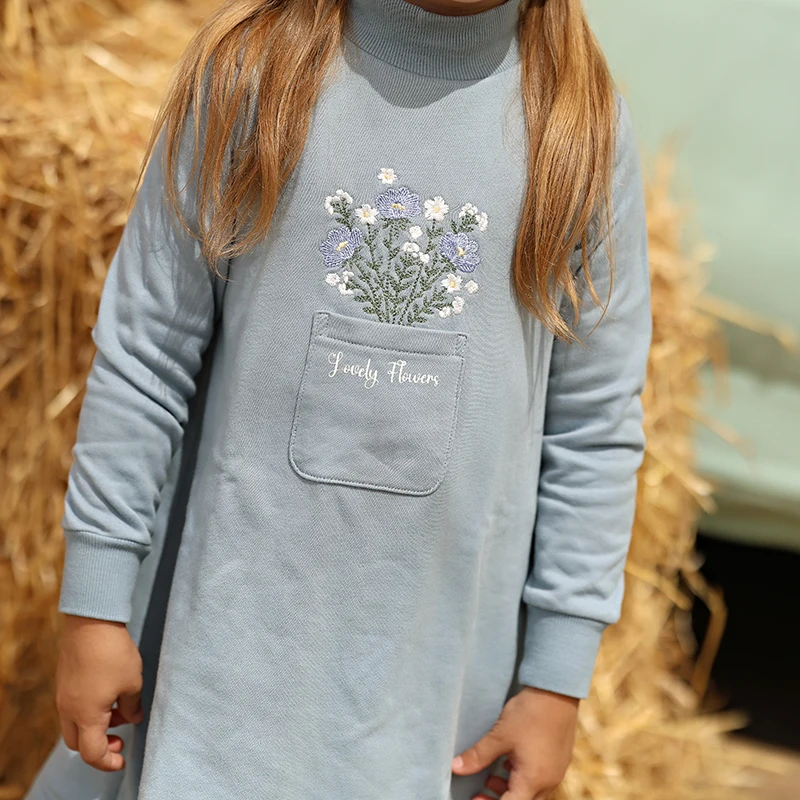 BARCALI Fall Blue French Terry Pocket Set 2pcs Children's Outfit Embroidery Design for Girl Boys And Baby Teenage Clothing Set