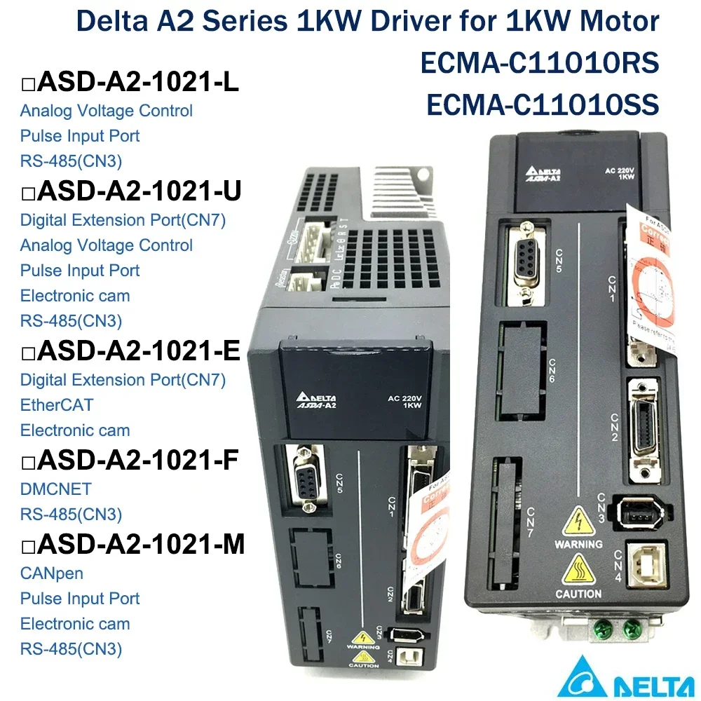 

Delta A2 Series Servo ASDA Driver 1KW ASD-A2-1021-L/U/E/F/M 20-bit 220V Incremental encoder RS-485 DMCNET CANopen E-cam EtherCAT