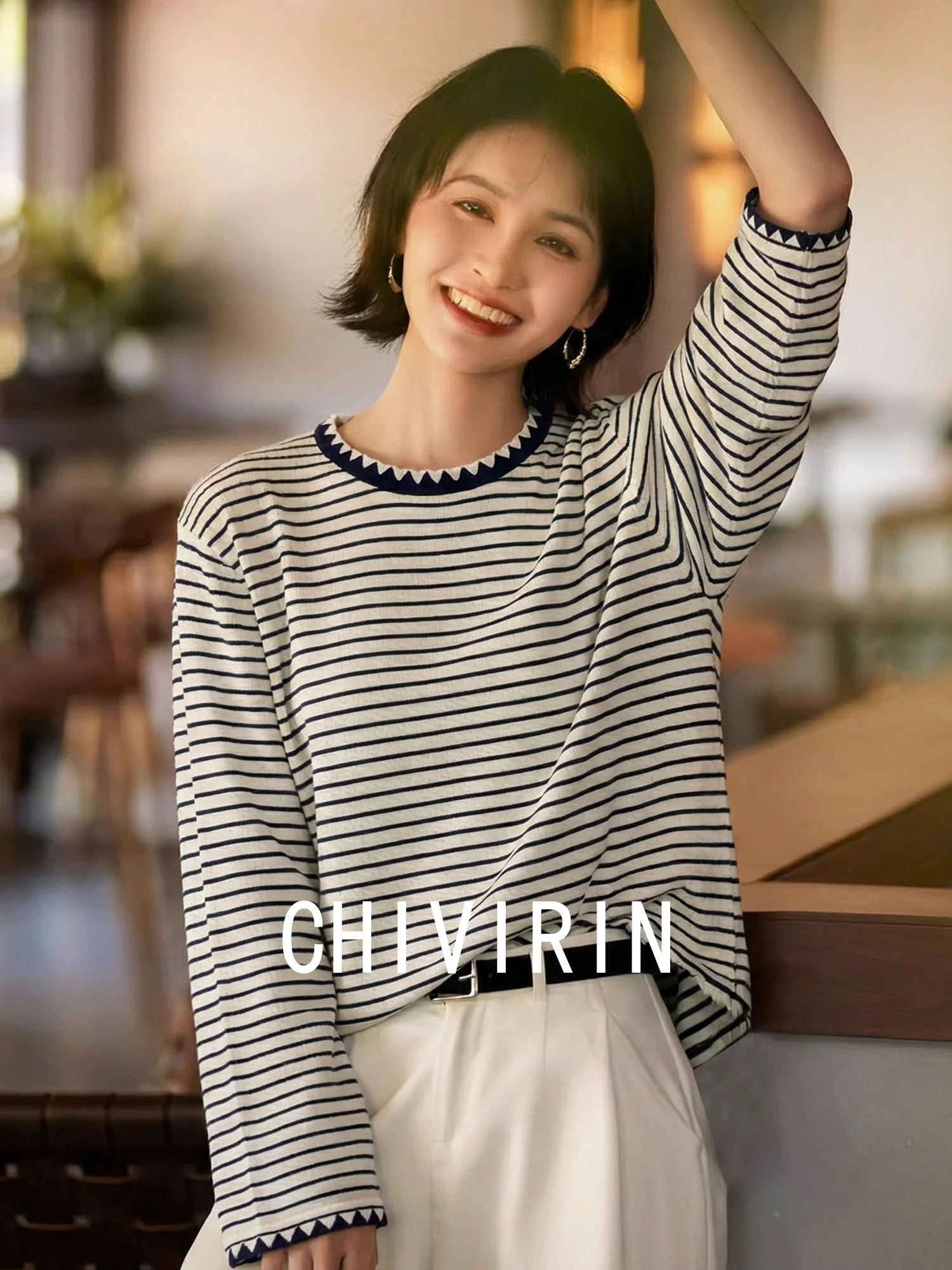 

Chivirin Women's Knitted Woolen Sweater Long Sve round Ne Striped Base Layer Thin Sweater Casual Sle Spring Faion