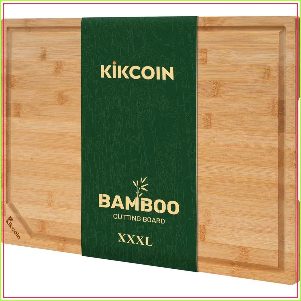 Tabla de cortar de bambú extra grande de 24"x18" para cocina, tabla de cortar de madera con ranura profunda para jugos y asa, natural