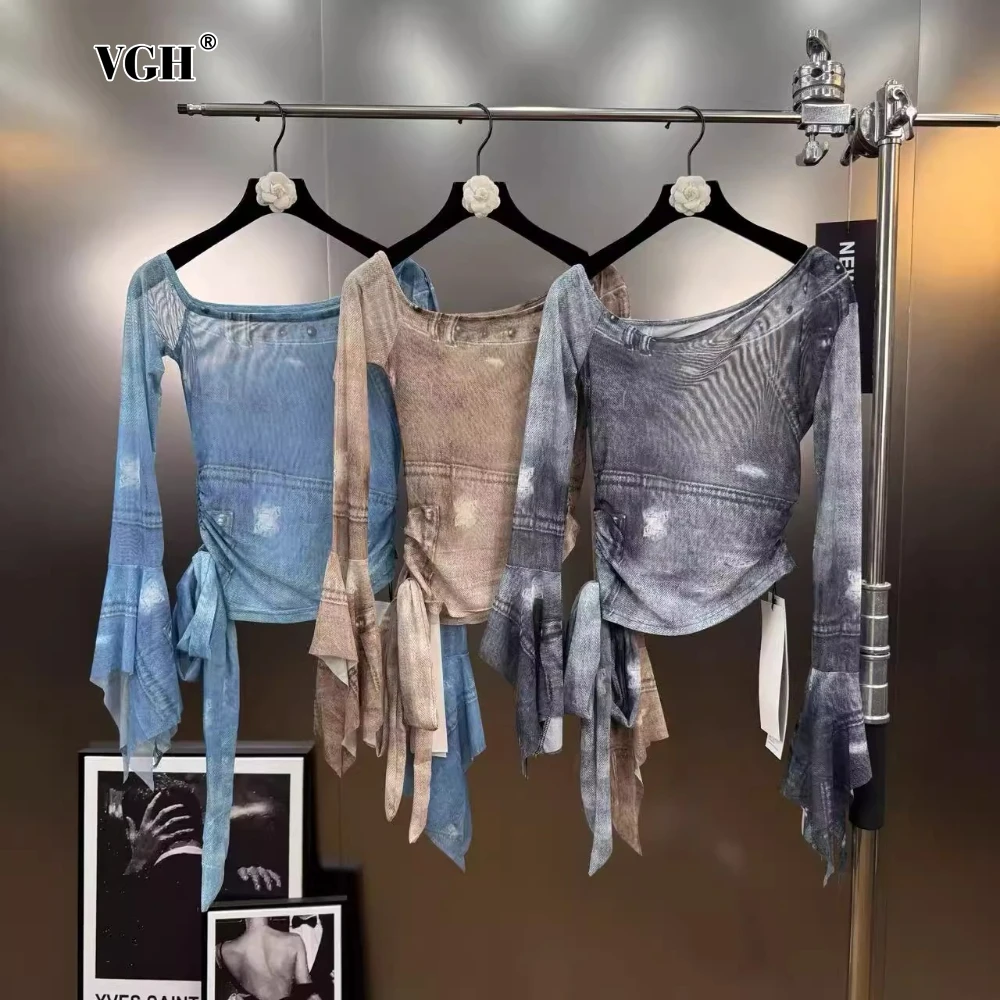 

VGH Tie Dye Off One Shoulder Blouse for Women Diagonal Collar Long Sleeves Patchwork Elastic Mesh Slim Shirt Female Clothing New