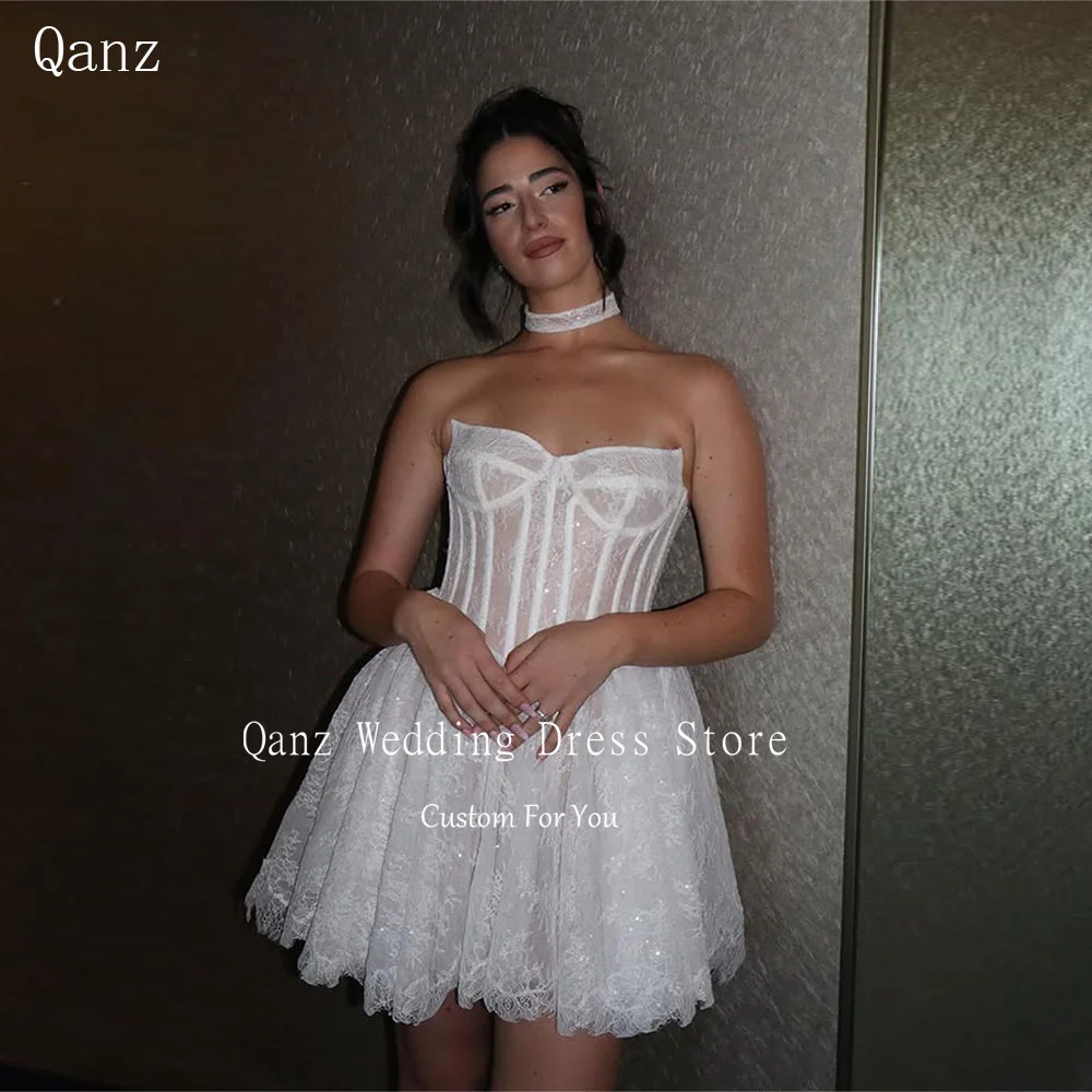 Qanz Glitter Lace Wedding Party Dresses Sweetheart White Appliques Short Bridal Gowns Mini Illusion Robe De Mariée Customized