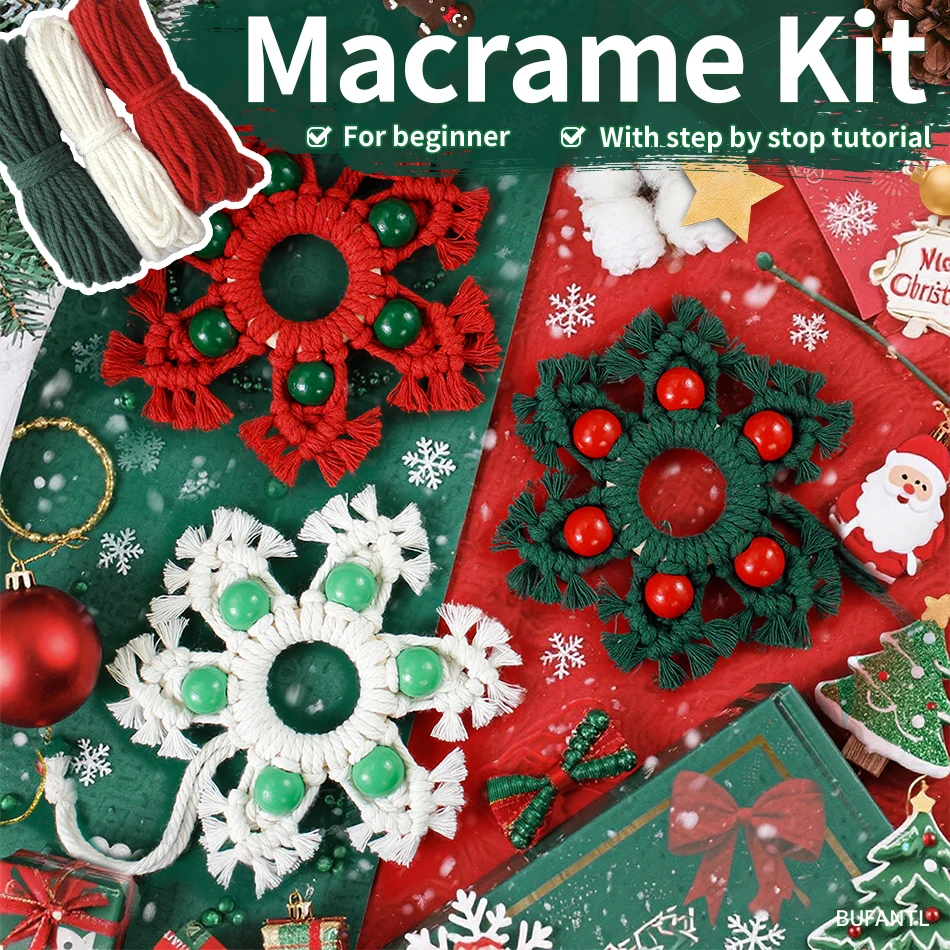 Christmas Snowflake Hanging Ornament DIY Kit with Weaving Materials And Tutorial Handmade Christmas Decorative Pendant Macrame