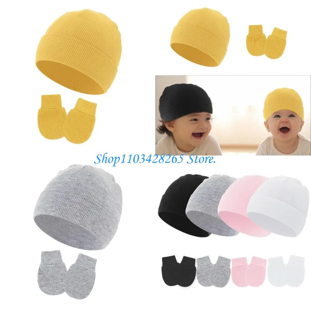 

4 Set Solid Color Baby Hat Windproof Infant Bonnet Caps Newborns Bonnet with Matching Anti-scratch Gloves for Boys Girls G2TE