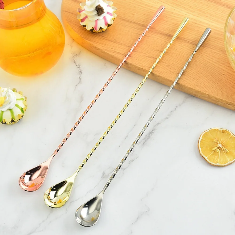 Rustless Steel Stirring Spoon Water Drop Spoon Head Threaded Handle Mixing Spoon Multi Color Polished Beverage Mixing Scoop