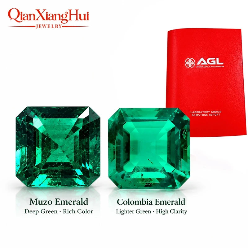 Asscher Square Colombia and Dark Green Muzo Emerald Cut Created Hydrothermal Gemstone with Minor Cracks Inclusions Loose Stone