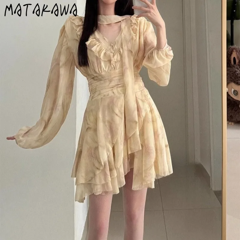 

Matakawa Women Dresses V Neck Print Floral V Neck Spring Summer Vestidos Mujer Elegant Korean Fashion Sweet Retro Mini Dress
