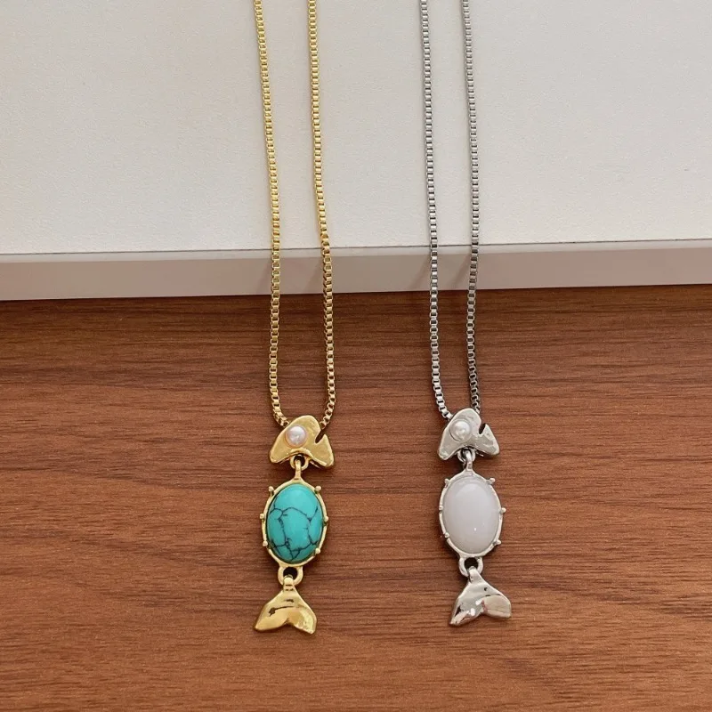 Minar Chinese Style Natural Stone Kallaite White Resin Fish Pendant Necklaces for Women Real Gold Silver Plated Box Chain Choker