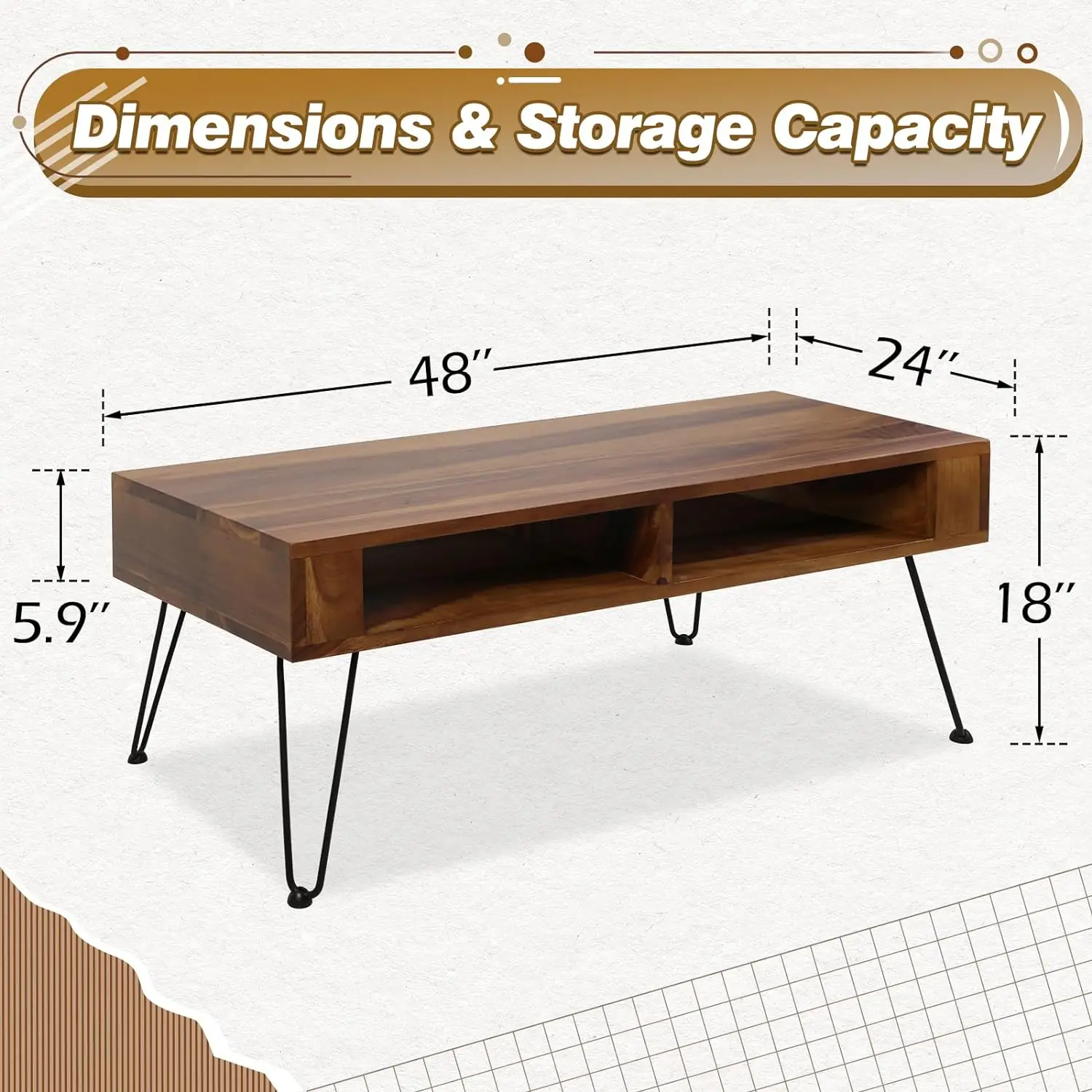 Mesa De Café De Madeira Natural Com Espaço De Armazenamento, Mesa Moderna Com 4 Pernas De Cabelo, Mesa De Centro Do Meio Século, 48 "L