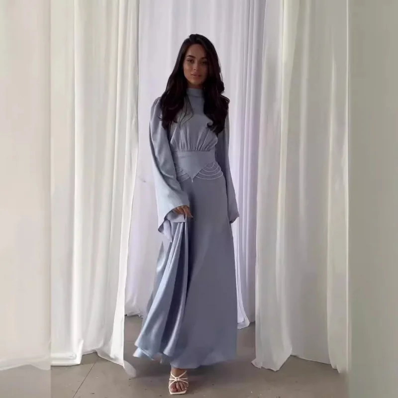 

Summer New Fashionable Elegant Breathable Waist-Cinching Stylish Solid Color Long Sleeve Dress