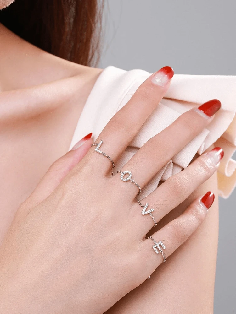 925 Sterling Silver Fashion Letter Chain Adjustable Full Zircon Ring For Women Party Personalized High Quality Fine Jewelry