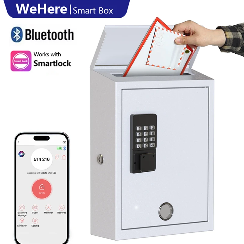 WeHere Smart Lock Mailbox Wall Mount Locking Postbox for House Unlock Key Drop Box Outdoor Waterproof Metal Mail Post Box