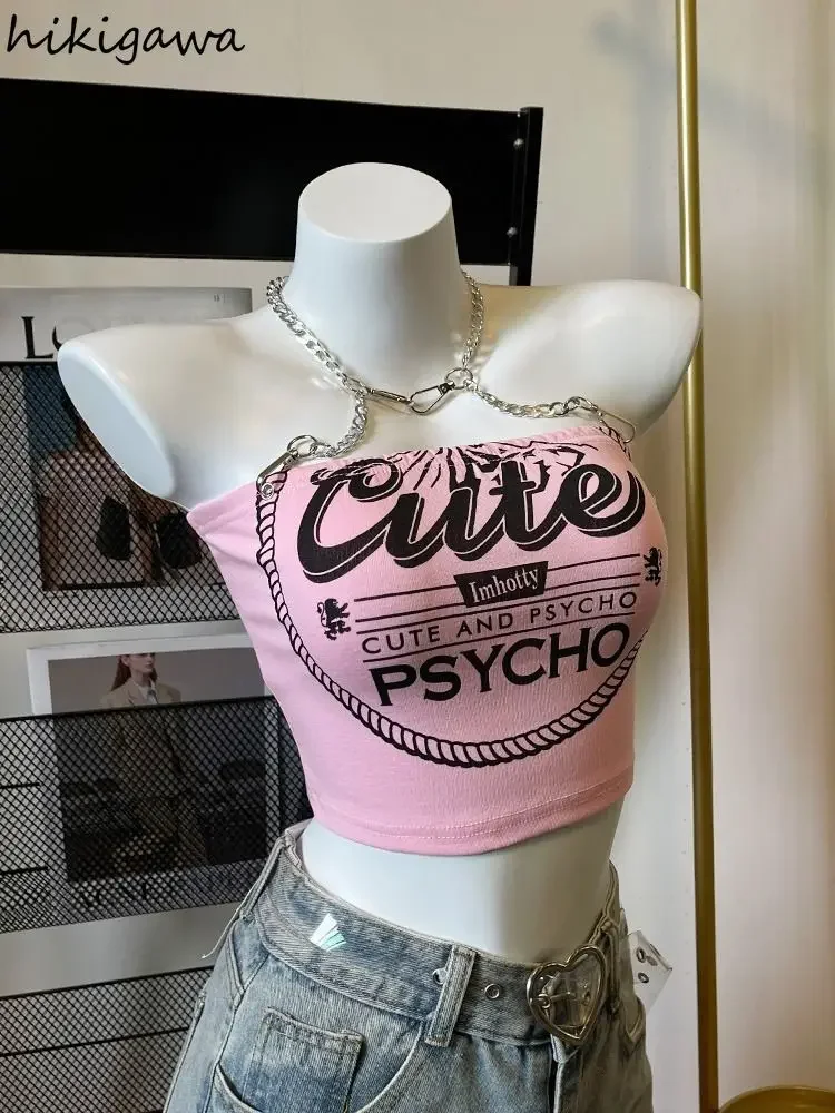 Top corto con espalda descubierta para Mujer, camiseta sin mangas con letras rosas dulces, Túnica Harajuku con cadena, chaleco Sexy Y2k, Ropa de