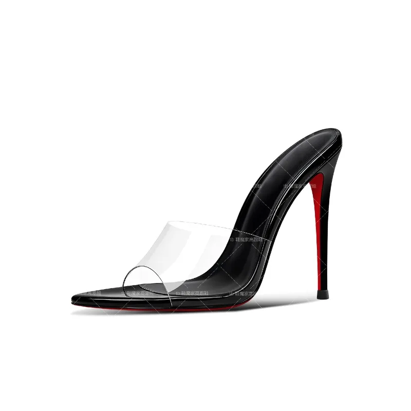 2026 New Black Transparent PVC Pointed Cool Dragging Mill Shoes High Heels 12cm Half Dragged Women's Summer Outerwear