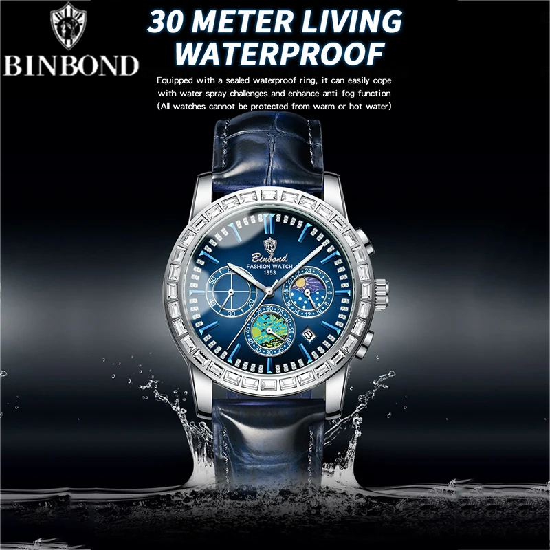 BINBOND B8632 Leather Quartz Men's Watch Moon Three Eyes Six Needle Phase Starry Sky Night Glow Waterproof Business Men Watches