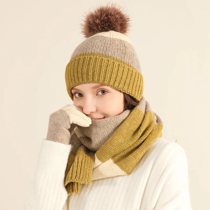 Hat Scarf And Glove Set For Women Winter Warm Soft Knitted Pompom Beanie Female Casual Solid Cashmere Scarf Suit Outdoor Skullis