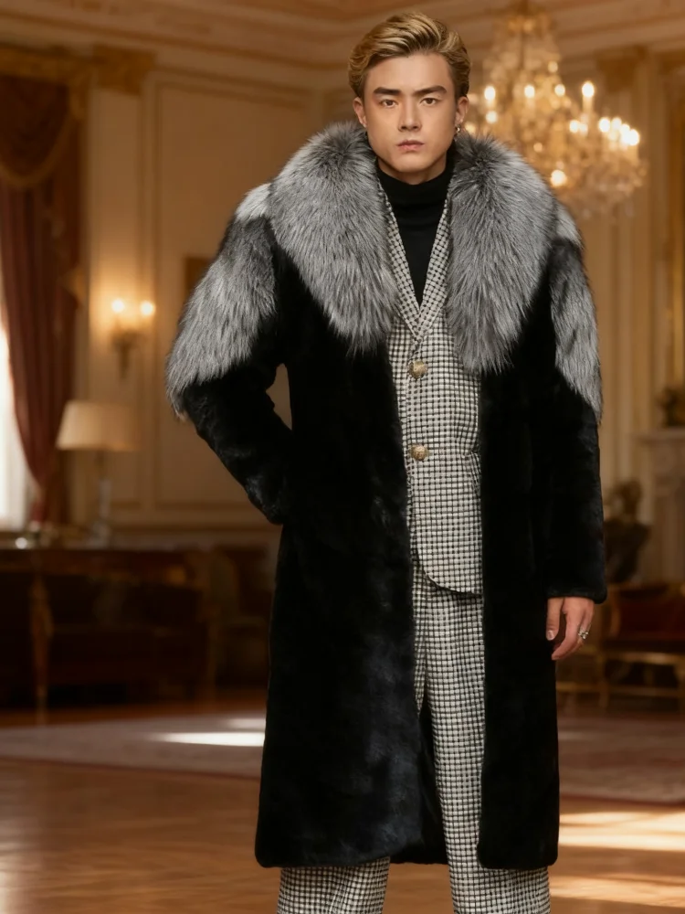 

Мужская длинная парка из искусственного лисьего меха - плюш с тяжелой теплоизоляцией (этическое роскошное пальто черного цвета) ТекстурированнаяParka